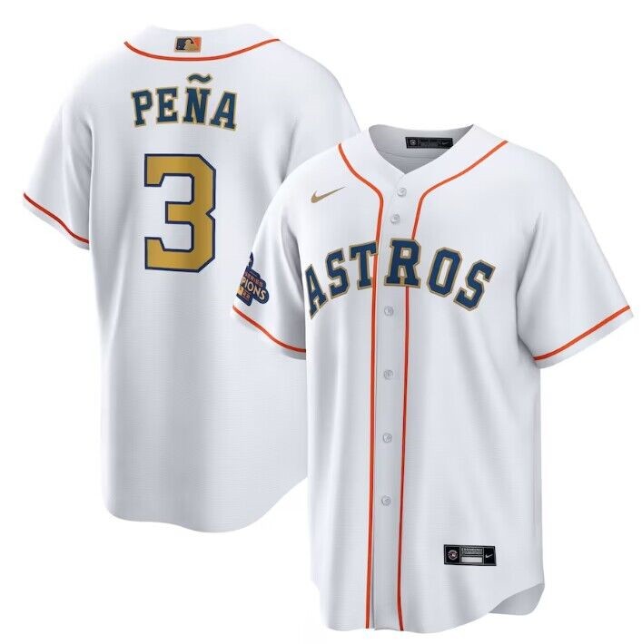 Men's Houston Astros #3 Jeremy Peña White 2023 Gold Collection With World Serise Champions Patch Cool Base Stitched Baseball Jersey